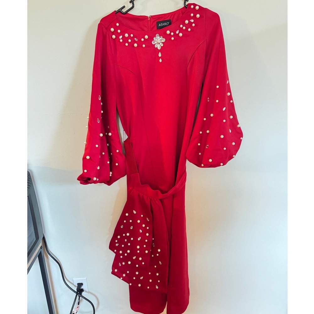 Ashro Red Pearl Crystal Embellished Maxi Dress Puff Sleeve Belted Gown NWOT - Picture 2 of 4